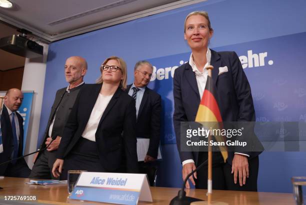 Alice Weidel , co-leader of the right-wing Alternative for Germany political party, arrives with AfD Hesse state elections lead candidate Robert...