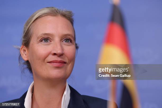 Alice Weidel, co-leader of the right-wing Alternative for Germany political party, arrives to speak to the media the day after Hesse and Bavaria...
