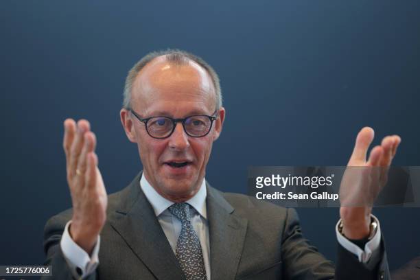 Friedrich Merz, leader of the German Christian Democrats , attends a meeting of the party leadership at CDU party headquarters the day after state...