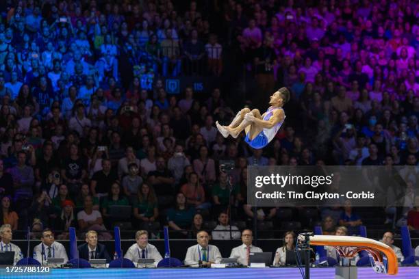 October 08: Jake Jarman of Great Britain performs the second of his two vaults during his gold medal performance in the Men's Vault Final at the...