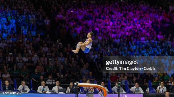 October 08: Jake Jarman of Great Britain performs the second of his two vaults during his gold medal performance in the Men's Vault Final at the...