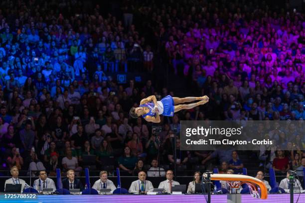 October 08: Jake Jarman of Great Britain performs the first of his two vault during his gold medal performance in the Men's Vault Final at the...