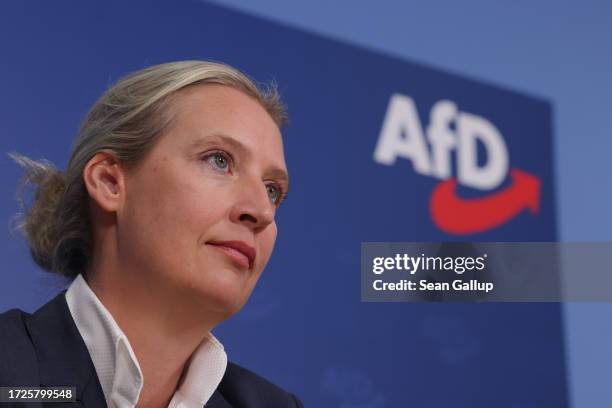 Alice Weidel, co-leader of the right-wing Alternative for Germany political party, arrives to speak to the media the day after the Hesse and Bavaria...