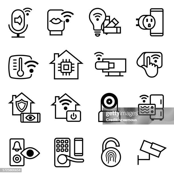 home automation technology outline icons - smart plug stock illustrations