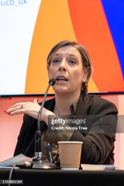 Jess Phillips MP, Shadow Minister for Domestic Violence and Safeguarding speaks during a fringe event on October 09, 2023 in Liverpool, England....