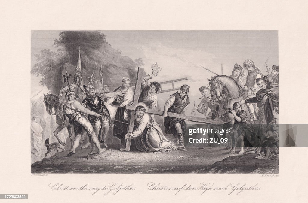 Carrying the Cross, painted by Veronese, steel engraving, published 1863