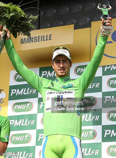 Peter Sagan of Slovakia and Team Cannondale keeps the best sprinter's green jersey after Stage Five of the Tour de France 2013 - the 100th Tour de...
