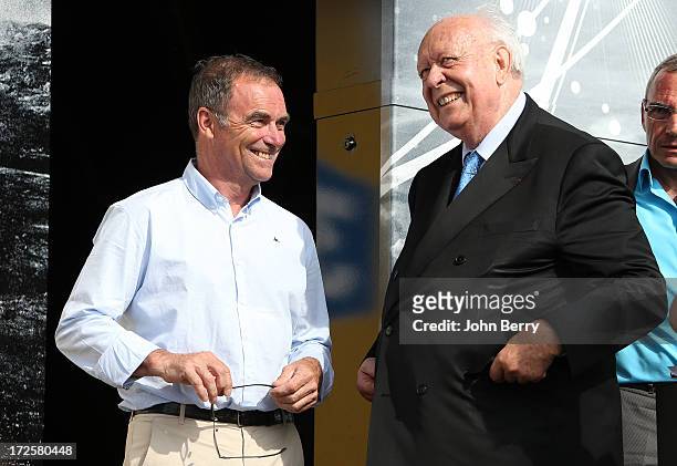 Bernard Hinault and Jean-Claude Gaudin, mayor of Marseille, on the podium of Stage Five of the Tour de France 2013 - the 100th Tour de France -, a...