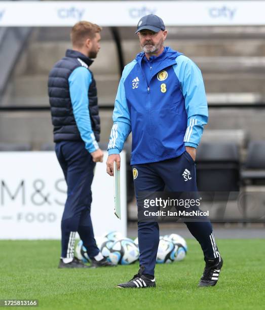 Scotland manager Steve Clarke is seen during a training session at Lesser Hampden on October 09, 2023 in Glasgow, Scotland.