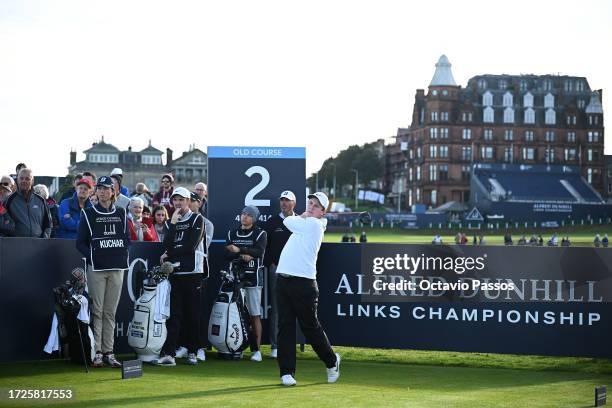 Robert MacIntyre of Scotland tees off on the second hole during Round Three on Day Five of the Alfred Dunhill Links Championship at the Old Course...