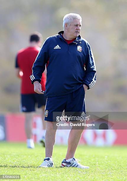 Warren Gatland, the Lions head coach looks on during a British and Irish Lions training session at Noosa Dolphins RFA on July 4, 2013 in Noosa,...