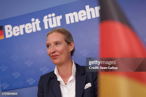 Alice Weidel, co-leader of the right-wing Alternative for Germany political party, speaks to the media the day after Hesse and Bavaria state...