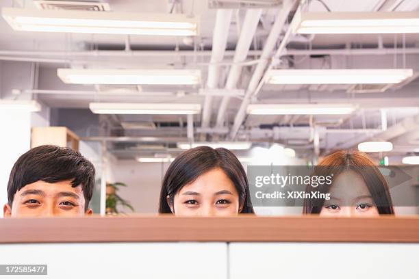 office workers peeking over divider in office - peeking cubicle stock pictures, royalty-free photos & images