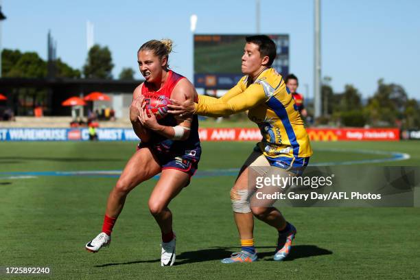 Tyla Hanks of the Demons marks the ball ahead of Evangeline Gooch of the Eagles during the 2023 AFLW Round 07 match between the West Coast Eagles and...