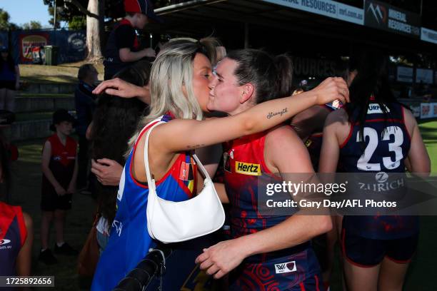 Lily Mithen of the Demons celebrates during the 2023 AFLW Round 07 match between the West Coast Eagles and Naarm at Mineral Resources Park on October...