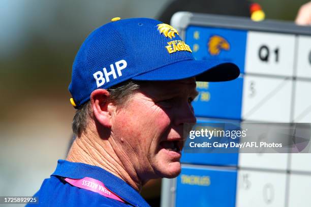 Michael Prior, Senior Coach of the Eagles addresses his players during the 2023 AFLW Round 07 match between the West Coast Eagles and Naarm at...