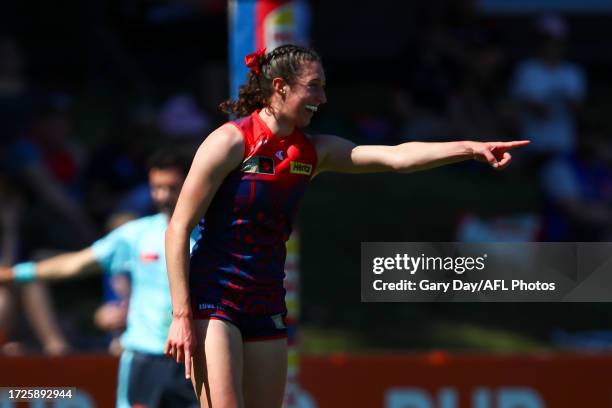 Alyssa Bannan of the Demons celebrates a goal during the 2023 AFLW Round 07 match between the West Coast Eagles and Naarm at Mineral Resources Park...