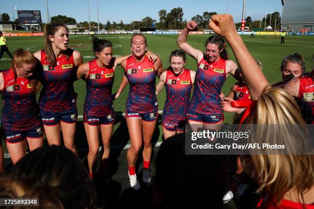 Naarm sing the team song during the 2023 AFLW Round 07 match between the West Coast Eagles and Naarm at Mineral Resources Park on October 14, 2023 in...