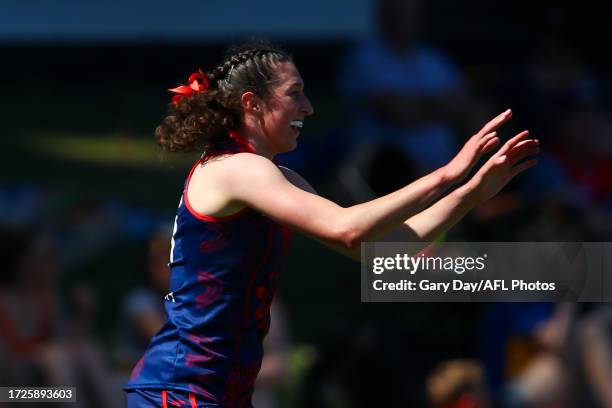 Alyssa Bannan of the Demons celebrates a goal during the 2023 AFLW Round 07 match between the West Coast Eagles and Naarm at Mineral Resources Park...