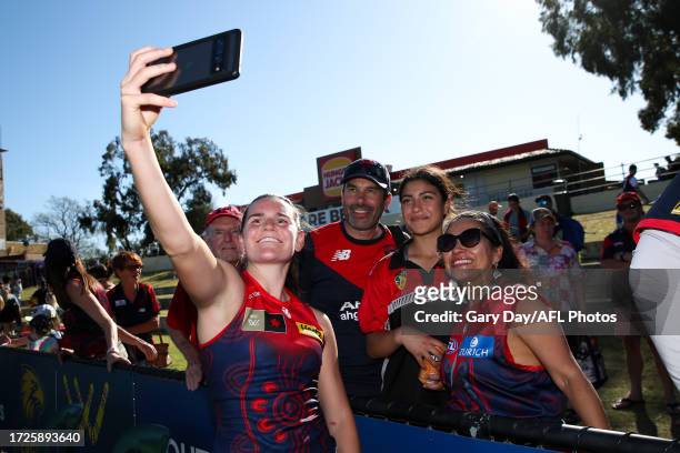 Lily Mithen of the Demons takes a selfie during the 2023 AFLW Round 07 match between the West Coast Eagles and Naarm at Mineral Resources Park on...
