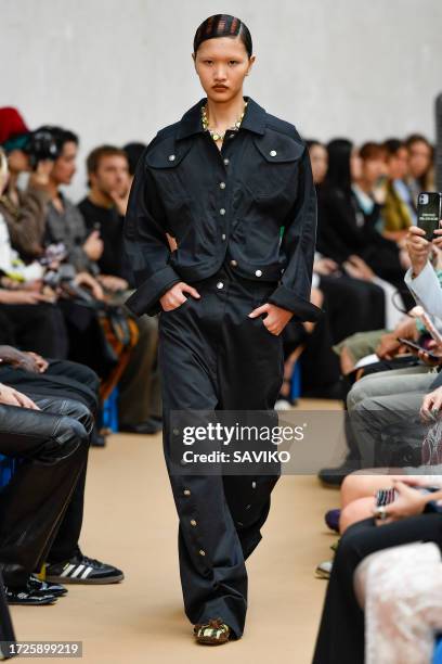 Model walks the runway during the Kiko Kostadinov Ready to Wear Spring/Summer 2024 fashion show as part of the Paris Fashion Week on October 3, 2023...