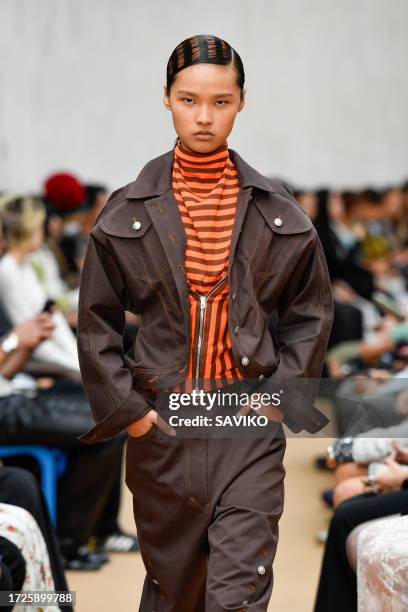 Model walks the runway during the Kiko Kostadinov Ready to Wear Spring/Summer 2024 fashion show as part of the Paris Fashion Week on October 3, 2023...