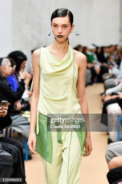 Model walks the runway during the Kiko Kostadinov Ready to Wear Spring/Summer 2024 fashion show as part of the Paris Fashion Week on October 3, 2023...