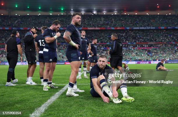 Finn Russell of Scotland looks dejected following the Rugby World Cup France 2023 match between Ireland and Scotland at Stade de France on October...