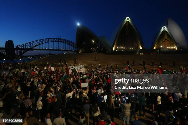 Palestine supporters rally outside the Sydney Opera House on October 09, 2023 in Sydney, Australia. The Palestinian militant group Hamas launched a...