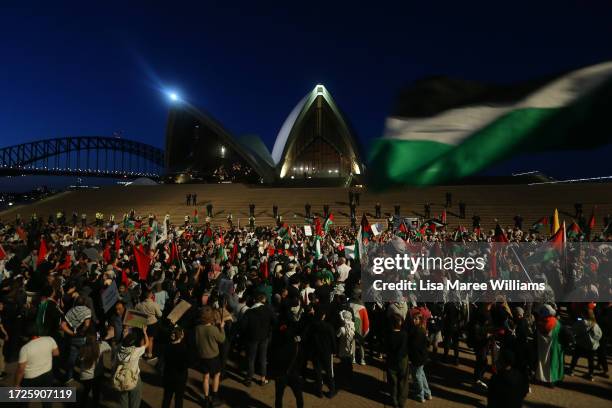 Palestine supporters rally outside the Sydney Opera House on October 09, 2023 in Sydney, Australia. The Palestinian militant group Hamas launched a...