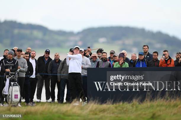 Robert MacIntyre of Scotland tees off on the 13th hole during Round Three on Day Five of the Alfred Dunhill Links Championship at the Old Course St....