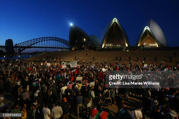 Palestine supporters rally outside the Sydney Opera House on October 09, 2023 in Sydney, Australia. The Palestinian militant group Hamas launched a...