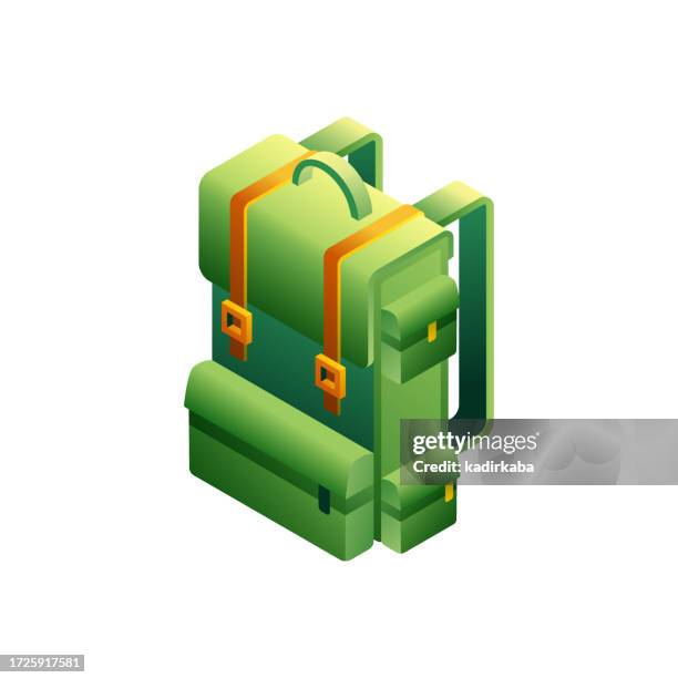 vector illustration of backpack isometric icon and three dimensional design. camp, caravan, camping tent, hiking, adventure, travel, outdoor, forest, tree, mountain, picnic, nature, climbing equipment. - ski hostel stock illustrations