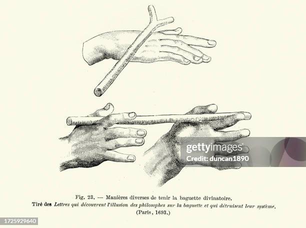 divining rod, dowsing is a type of divination employed in attempts to locate ground water, buried metals or ores, gemstones, 17th century - dowsing divination stock illustrations