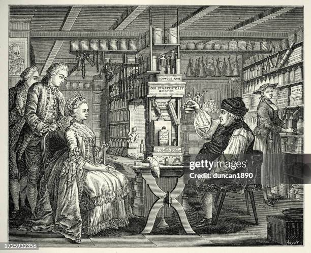 ilustraciones, imágenes clip art, dibujos animados e iconos de stock de la farmacia rústica, farmacéutico rural michel schuppart, historia de la medicina, siglo xviii - estilo siglo xviii