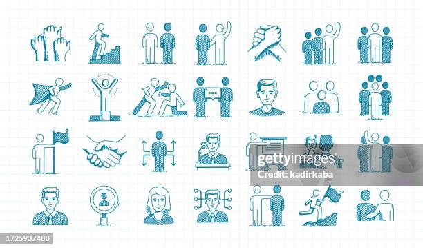 business people hand drawn sketch and vector doodle line icon set - presenter stock illustrations