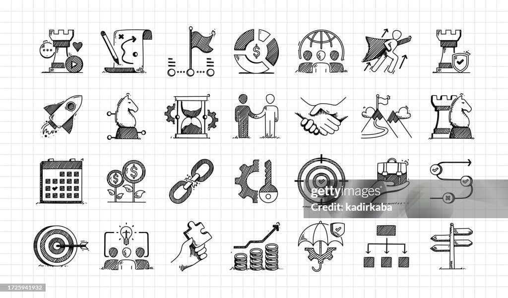 Business Strategy Hand Drawn Sketch and Vector Doodle Line Icon Set