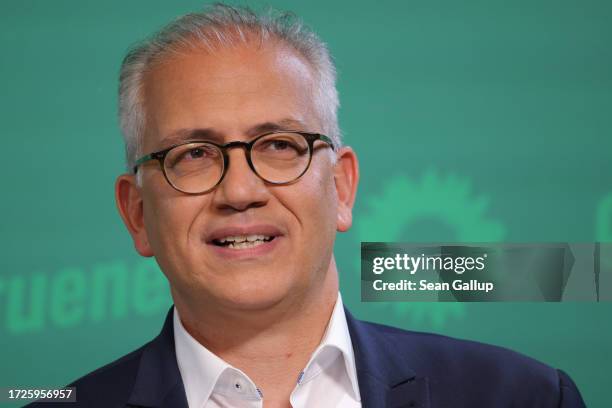 Tarek Al-Wazir, co-lead candidate of the German Greens Party in yesterday's Hesse state elections, arrives to speak to the media at Greens Party...