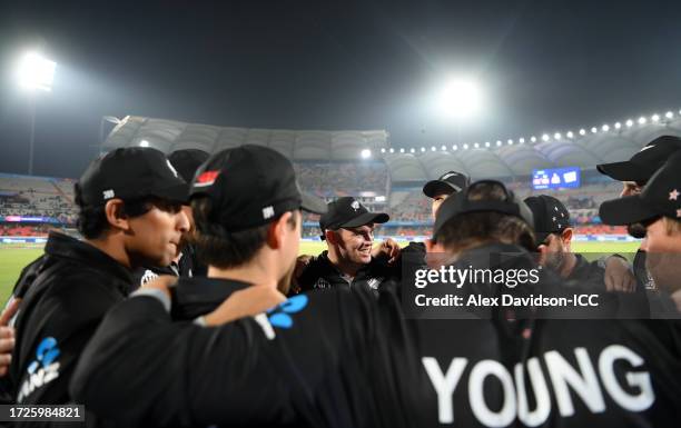 Tom Latham of New Zealand looks on from the huddle during the ICC Men's Cricket World Cup India 2023 between New Zealand and Netherlands at Rajiv...