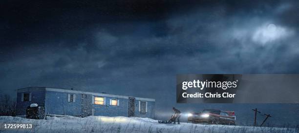 man and car parked by illuminated trailer - quebec stock illustrations