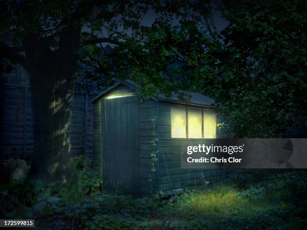 illustration of illuminated shed in garden - shed light stock illustrations