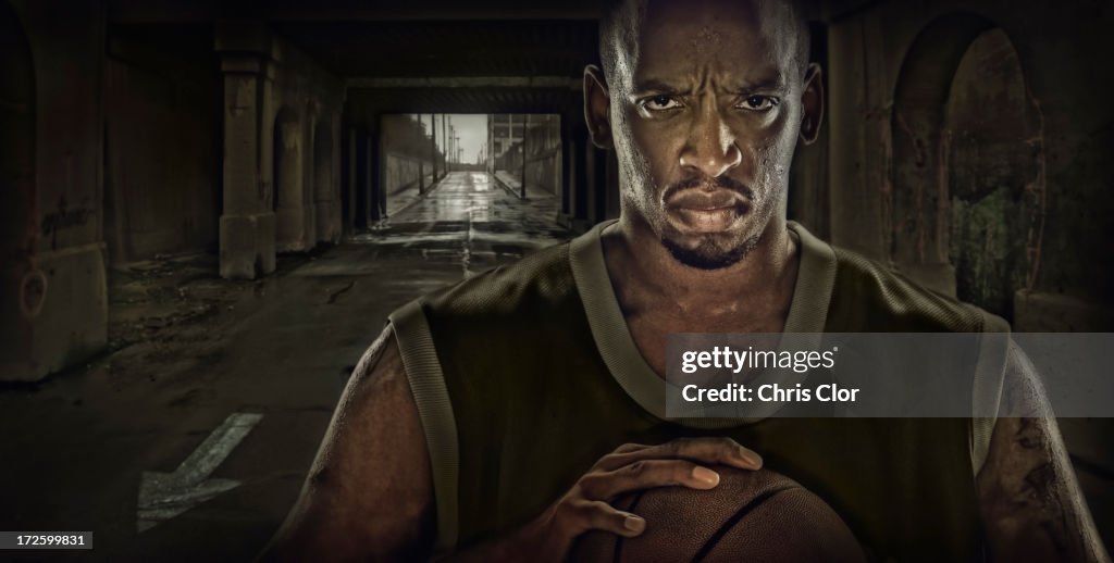 Illustration of African American basketball player standing in tunnel