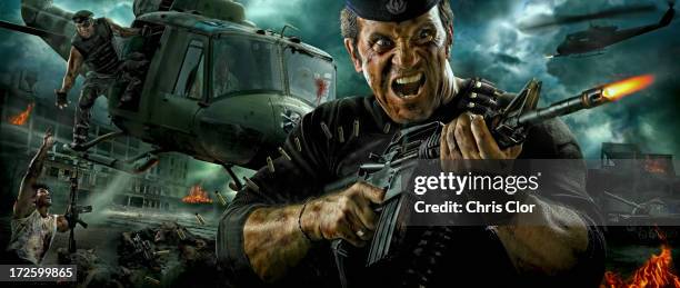 illustration of caucasian soldier shooting machine gun in battle - attitude army stock illustrations