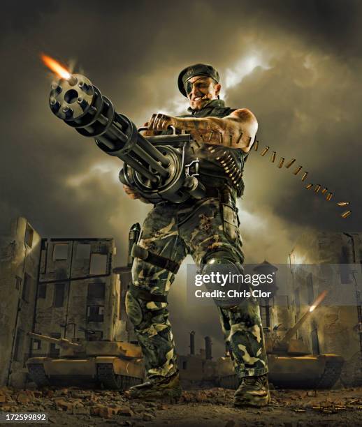 illustration of soldier firing machine gun outdoors - us army urban warfare fotografías e imágenes de stock