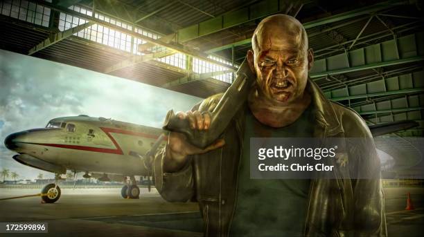 ilustrações, clipart, desenhos animados e ícones de illustration of mixed race man holding gun in airplane hangar - sneering