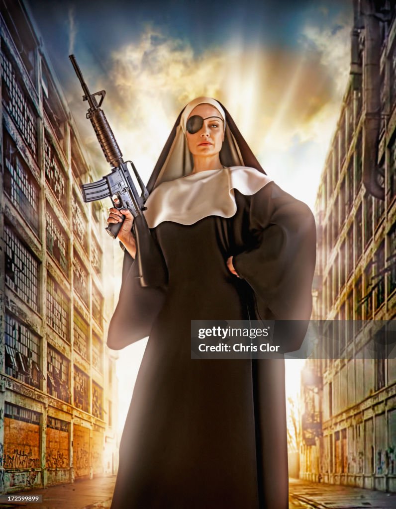 Illustration of Caucasian nun with eye patch and machine gun
