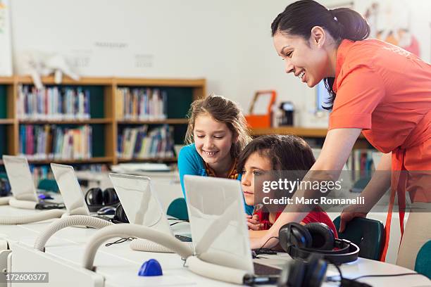 Kids Computer Library Kids In The Library With Laptop Photos and Premium High Res Pictures ...