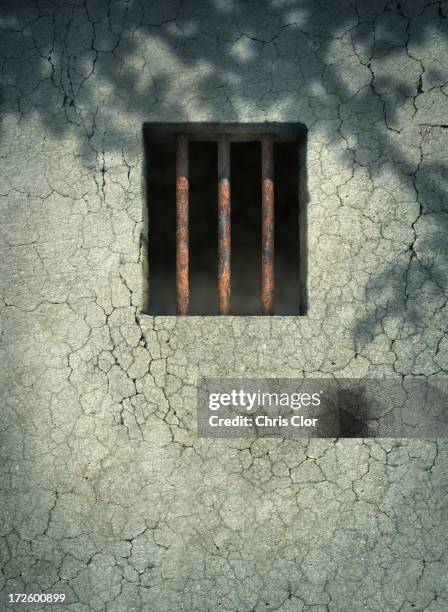 bars on window of dilapidated wall - prison window stock pictures, royalty-free photos & images