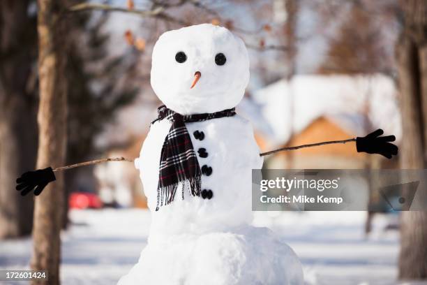 snowman wearing scarf outdoors - muñeco de nieve fotografías e imágenes de stock