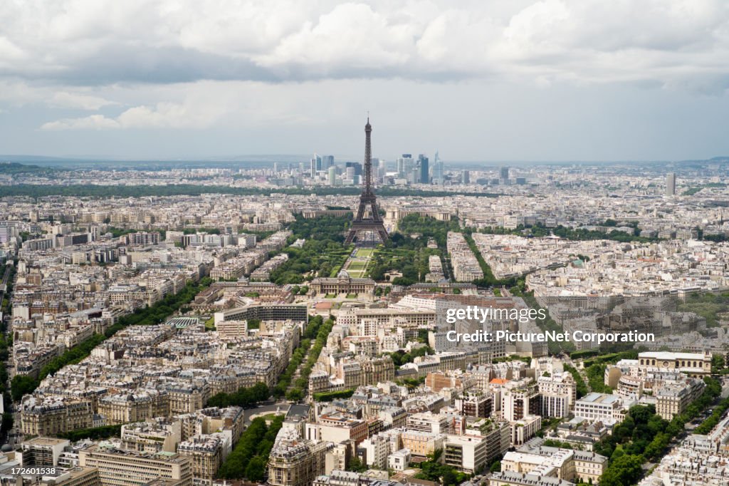 Aerial view of Eiffel Tower overlooking city, Paris, France